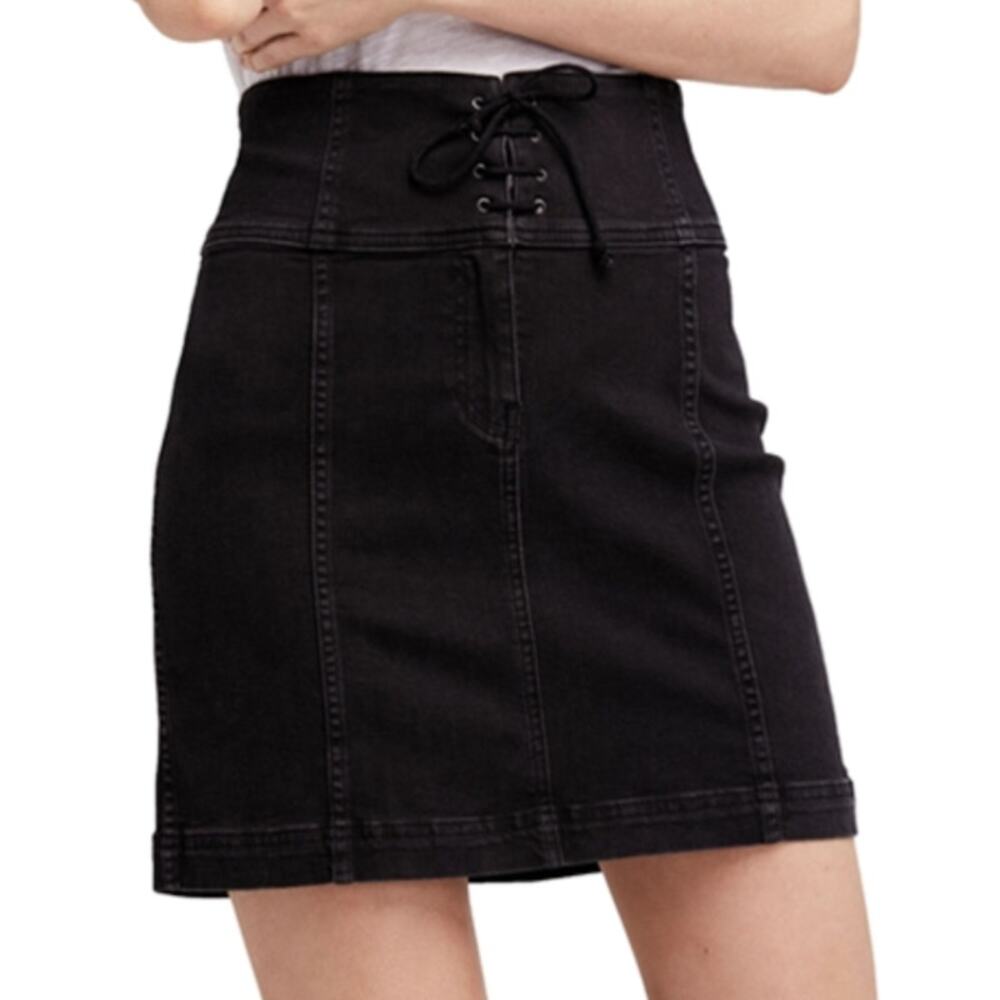 Free People High Waist Lace Up Corset Black Denim Mini Skirt 4 Y2K Grunge Indie
